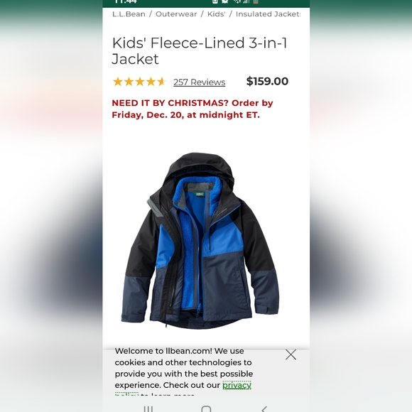 L.L Bean Kids' Fleece-Lined 3-in-1 Jacket Black/Deep Sapphire 6x/7 - Picture 10 of 10